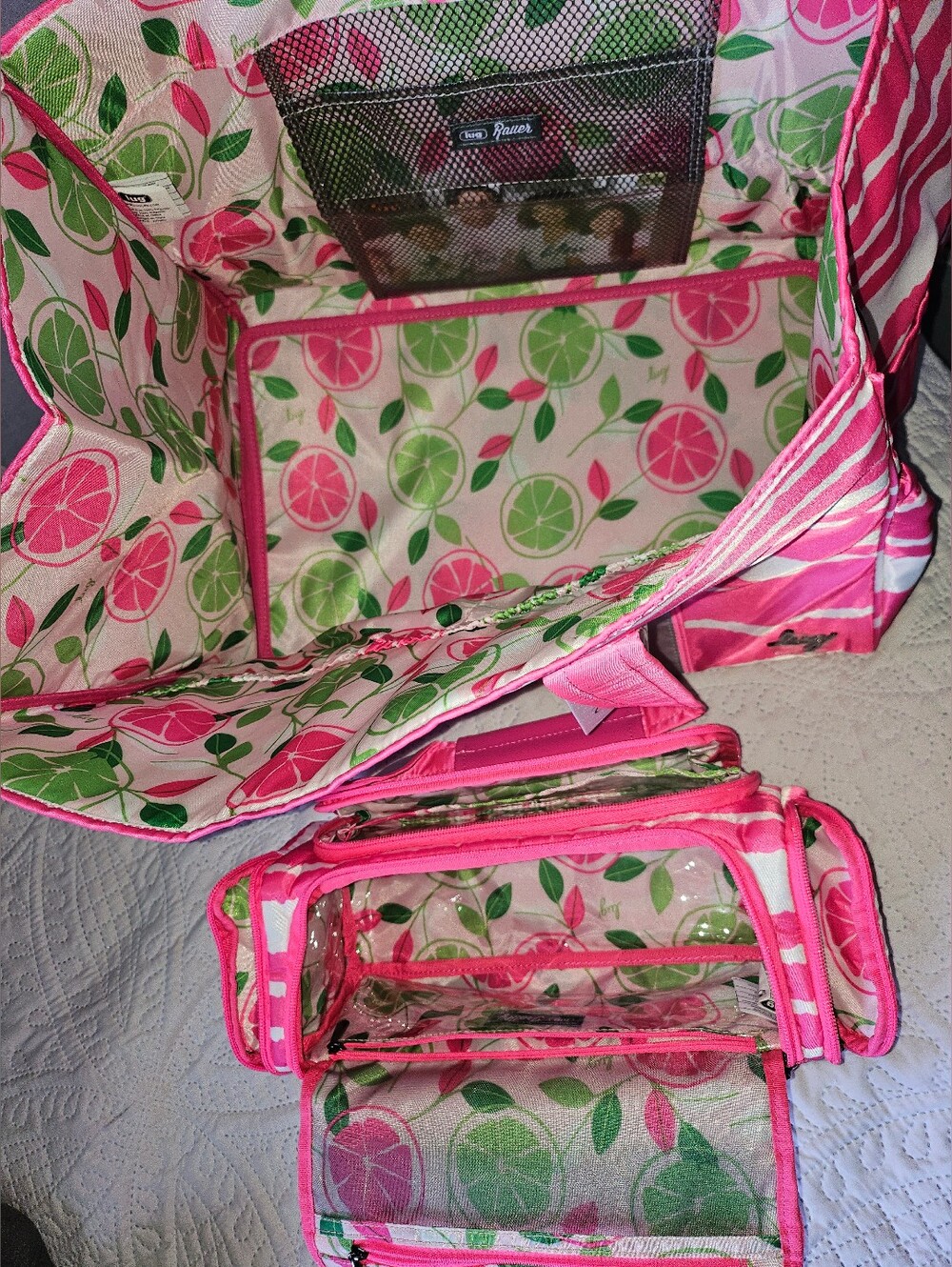 NWT Lug Set: Magenta Stripe Rover XL Tote & Trolley Travel Case, *Slight Flaw